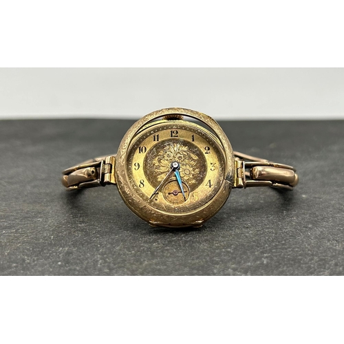 4 - Antique 12ct converted fob watch, 30mm case, engraved gilt dial, on 9ct concertina bracelet, 27.3g g... 