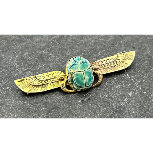 62 - Unusual novelty white metal and porcelain scarab beetle brooch, with tiny indistinct mark on one win... 