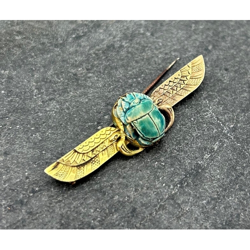 62 - Unusual novelty white metal and porcelain scarab beetle brooch, with tiny indistinct mark on one win... 