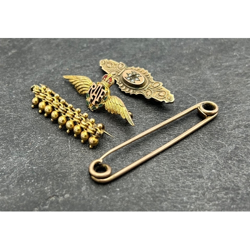 64 - Collection of gold brooches - RAF sweetheart brooch, mourning brooch, yellow metal fringe brooch and... 