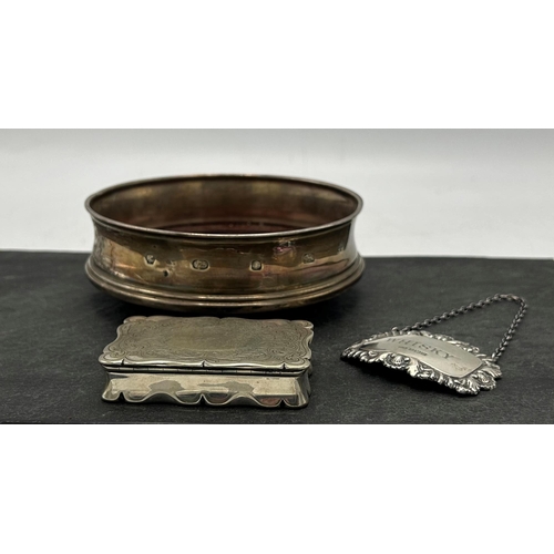 166 - Mixed silver - Carr's of Sheffield silver wine coaster with turned mahogany base, silver 'Whisky' de... 