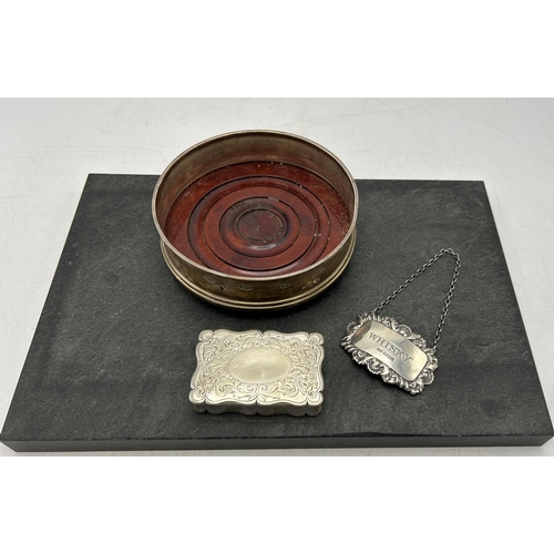 166 - Mixed silver - Carr's of Sheffield silver wine coaster with turned mahogany base, silver 'Whisky' de... 