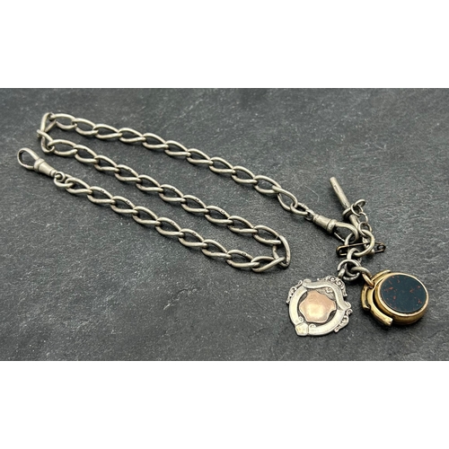 120 - Silver albert chain 46cm long, with gold bloodstone swivel fob, 48.7g gross