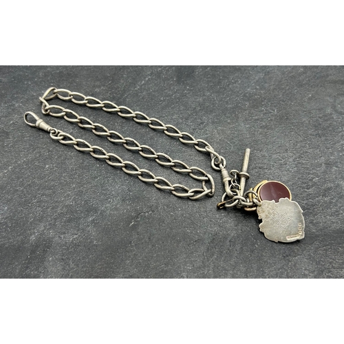 120 - Silver albert chain 46cm long, with gold bloodstone swivel fob, 48.7g gross