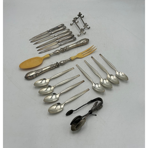 222 - Mixed silver - Cased set of six Albany handle teaspoons, silver handled bone salad servers, six silv... 