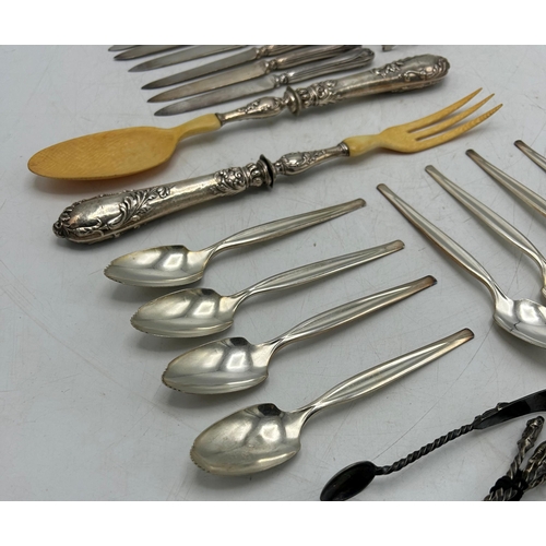 222 - Mixed silver - Cased set of six Albany handle teaspoons, silver handled bone salad servers, six silv... 