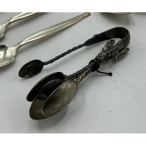 222 - Mixed silver - Cased set of six Albany handle teaspoons, silver handled bone salad servers, six silv... 