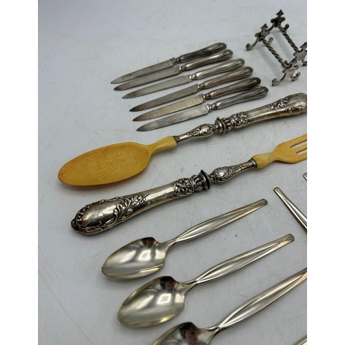 222 - Mixed silver - Cased set of six Albany handle teaspoons, silver handled bone salad servers, six silv... 