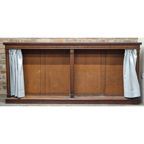 1379 - Victorian mahogany open bookcase with curtains, H 94cm x W 206cm x D 41cm