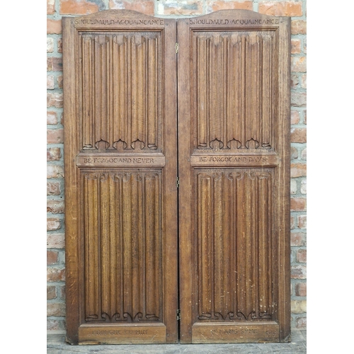 1388 - 19th century oak folding screen with carved linen fold panels and inscriptions, H 166cm x W 112cm