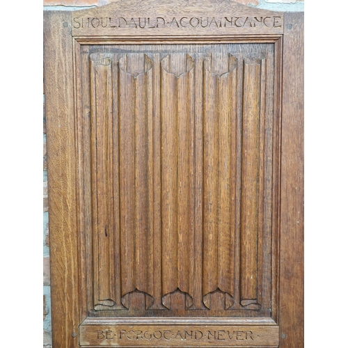 1388 - 19th century oak folding screen with carved linen fold panels and inscriptions, H 166cm x W 112cm