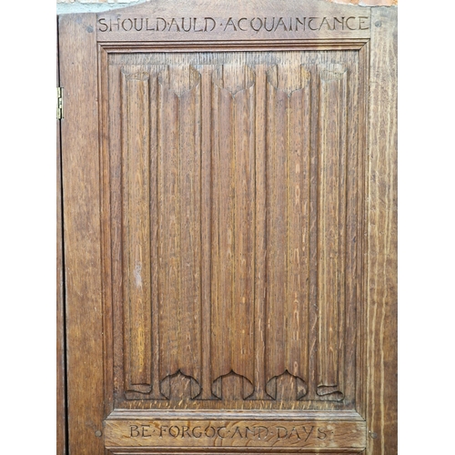 1388 - 19th century oak folding screen with carved linen fold panels and inscriptions, H 166cm x W 112cm