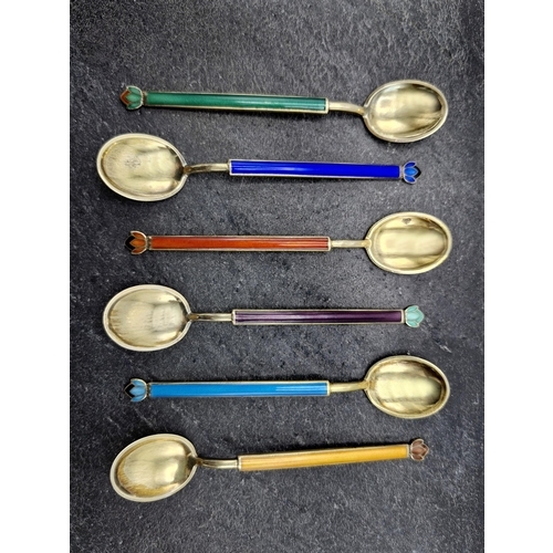 228 - David Andersen of Norway - set of six silver gilt and enamel coffee spoons, with flower knops, each ... 