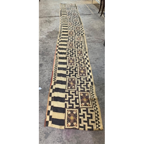 427 - Vintage Democratic Republic Of Congo Raffia hand woven Kuba cloth, 580cm x 75cm