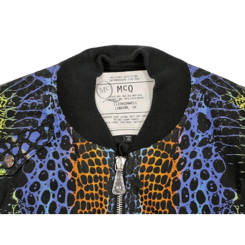 73 - MCQ Alexander McQueen multi-coloured snakeskin pattern cotton bomber jacket, likely size S