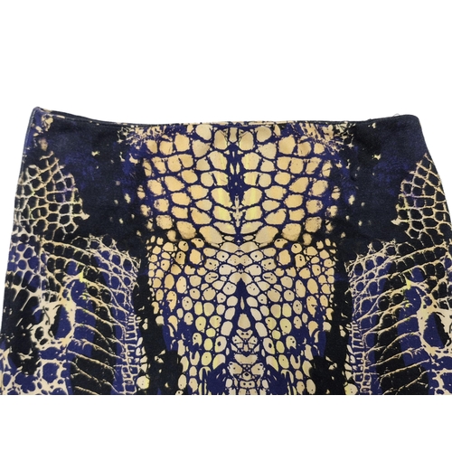 83 - Two Alexander McQueen elasticated cotton jersey skirts to include snake skin and peacock feather des... 