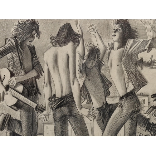 1431 - Mid-20th Century school - Teenagers Rocking Out, work in pencil, 42 x 59cm, framed