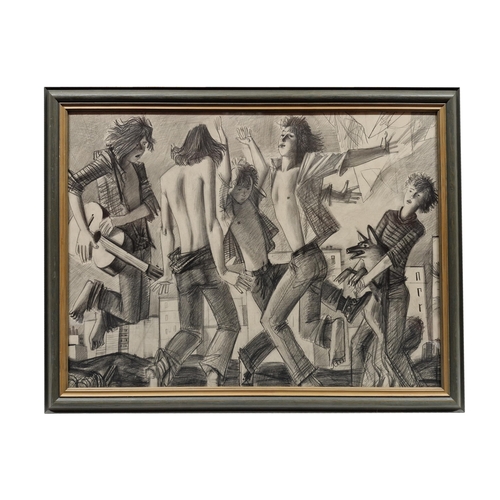 1431 - Mid-20th Century school - Teenagers Rocking Out, work in pencil, 42 x 59cm, framed