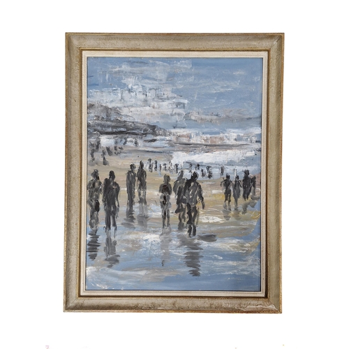 1436 - 20th Century French school - figures on a beach, unsigned, Biarritz gallery label verso, oil on boar... 