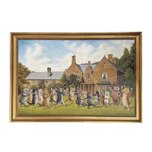 1437 - After Louis Wain (1860-1939) - Procession of cat musicians, unsigned, oil on canvas, 50 x 75cm, gilt... 