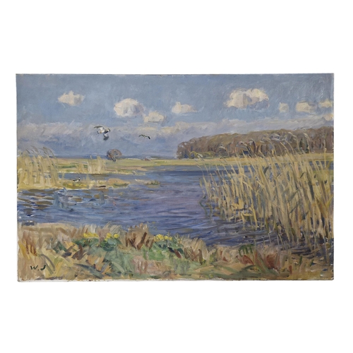 1441 - 20th century Swedish school - lakeside landscape with birds, monogrammed WJ, oil on canvas, 73 x 100... 