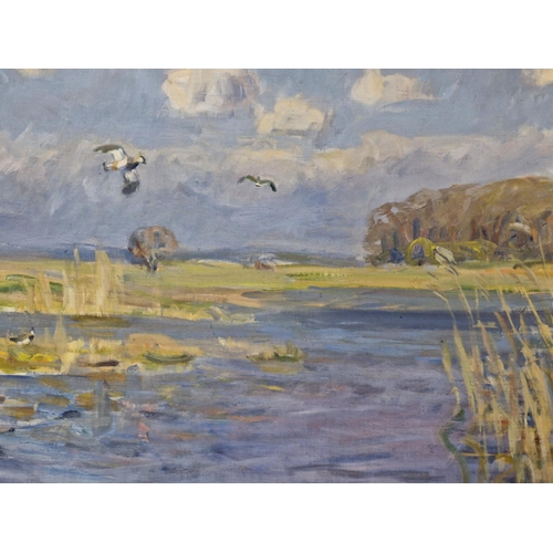 1441 - 20th century Swedish school - lakeside landscape with birds, monogrammed WJ, oil on canvas, 73 x 100... 