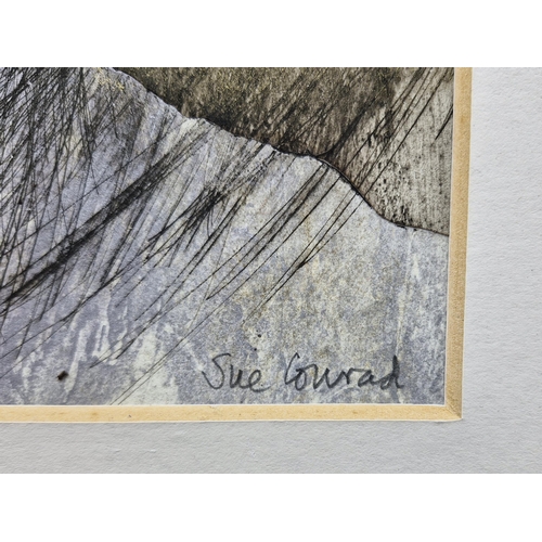 1443 - Sue Conrad (20th/21st Century) - rock formations, mixed media, signed, 30 x 35cm, framed