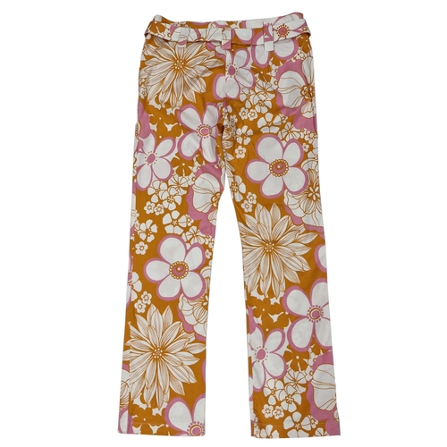 82 - Twiggy orange and pink floral design hippie trousers with chrome floral buckle, size S