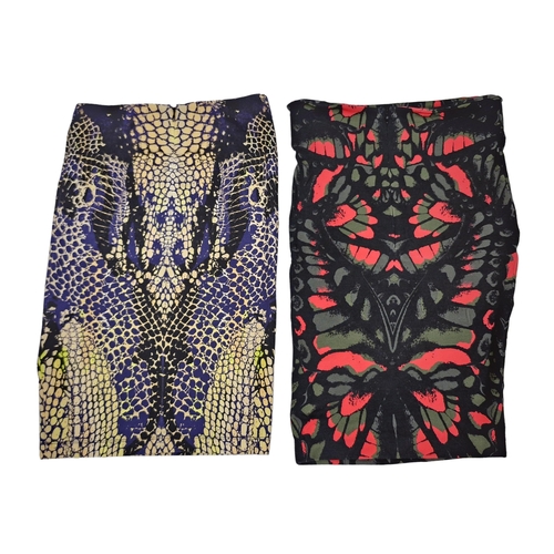 83 - Two Alexander McQueen elasticated cotton jersey skirts to include snake skin and peacock feather des... 