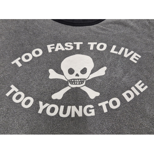 85 - Vivienne Westwood 'Too Fast To Live Too Young To Die' grey and black t shirt, size L