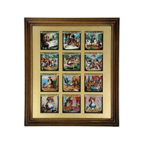 1449 - Set of twelve Alice In Wonderland coloured magic lantern slides, 47cm x 42cm, framed