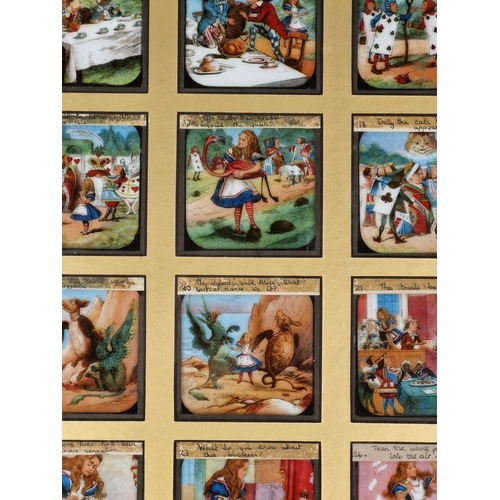 1449 - Set of twelve Alice In Wonderland coloured magic lantern slides, 47cm x 42cm, framed