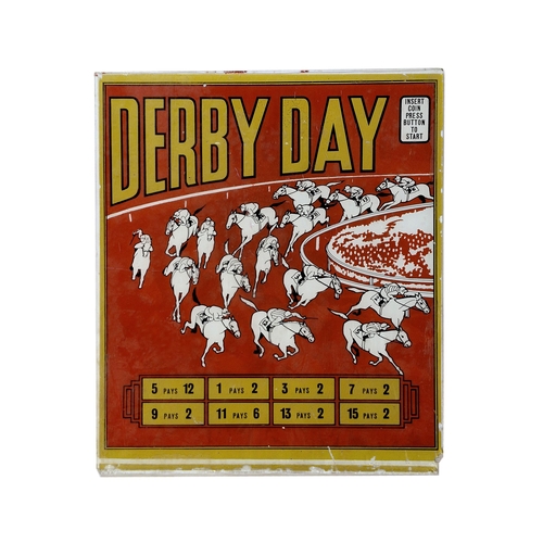 1025 - Vintage 'Derby Day' horse racing arcade machine glass panel, 49cm x 43cm