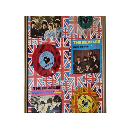 139 - Unusual Beatles vinyl collage, to include an assortment of Japanese import coloured vinyl set to a U... 