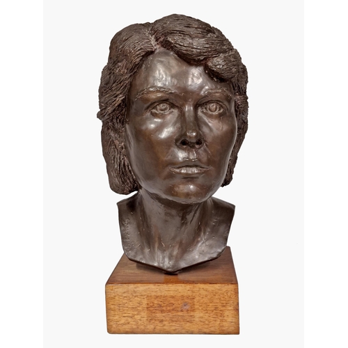 1376 - Contemporary plaster bust of women raised on wooden plinth base, signed 'Gregory 90', H 43cm