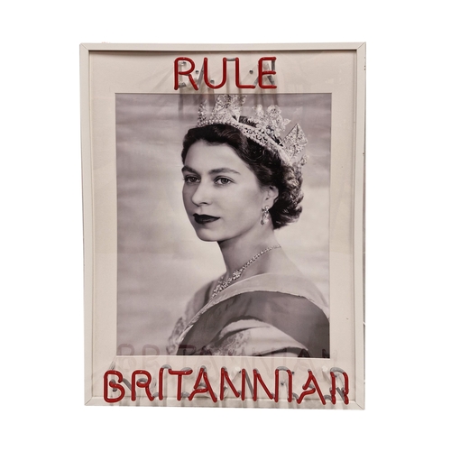 1075 - Queen Elizabeth II 'Rule Britannia' portrait and red neon sign, 94cm x 64cm