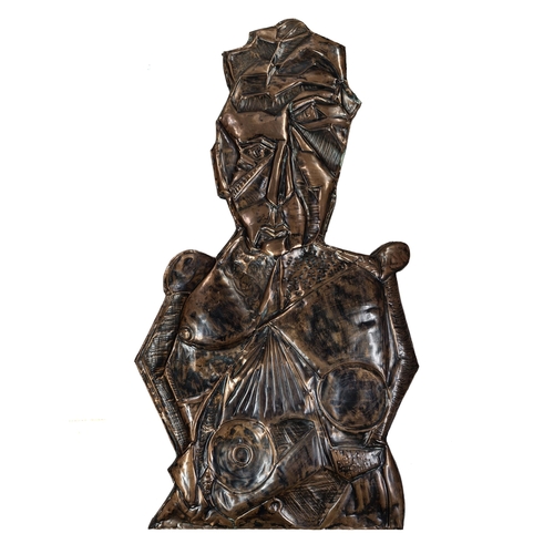 1606 - African Folk Art embossed copper figure, in the Brutalist style, mounted on fret-cut board, 105cm x ... 