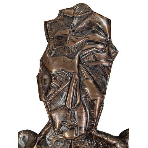 1606 - African Folk Art embossed copper figure, in the Brutalist style, mounted on fret-cut board, 105cm x ... 