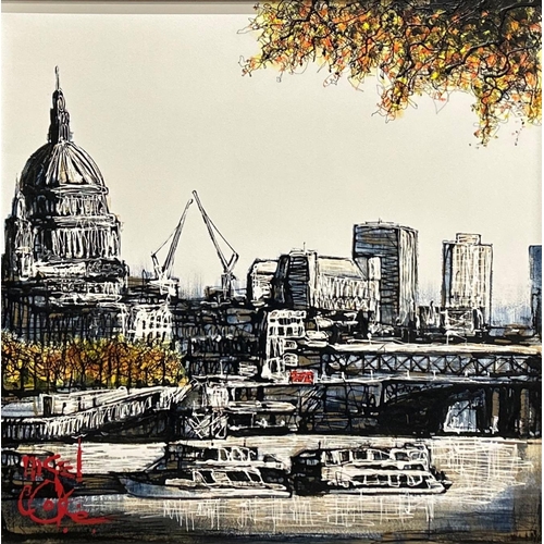 1454 - Nigel Cooke (b. 1960) - The City of London, signed, oil on board, 76 x 76cm, framed