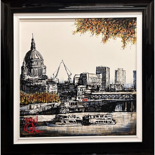 1454 - Nigel Cooke (b. 1960) - The City of London, signed, oil on board, 76 x 76cm, framed