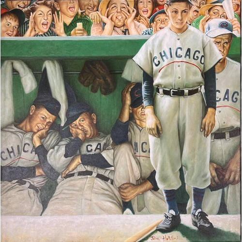 1462 - John Halliford (20th century, American) - Chicago baseball bench, signed, oil on canvas, 60 x 60cm, ... 