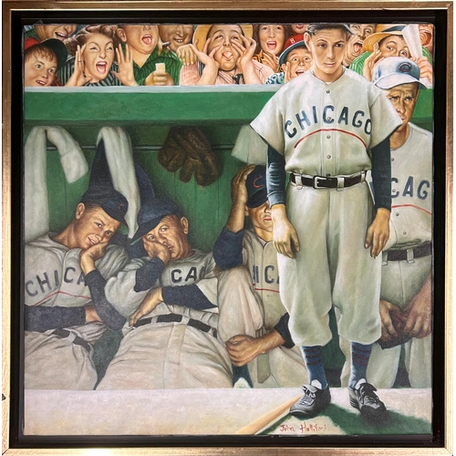 1462 - John Halliford (20th century, American) - Chicago baseball bench, signed, oil on canvas, 60 x 60cm, ... 