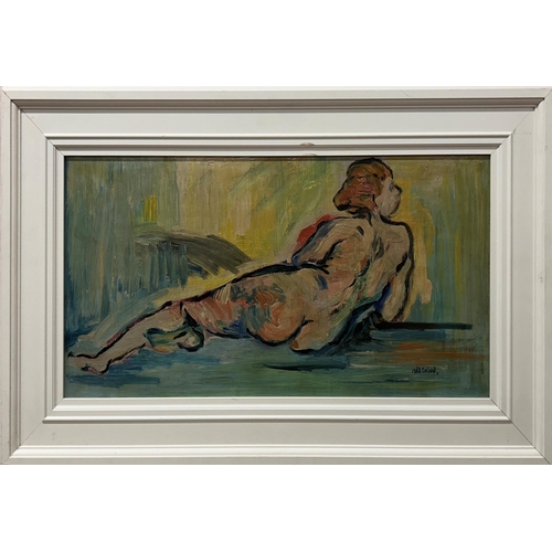 1468 - James Laurence Isherwood (1917-1989) - Reclining nude, signed, oil on board, 32 x 63cm, framed