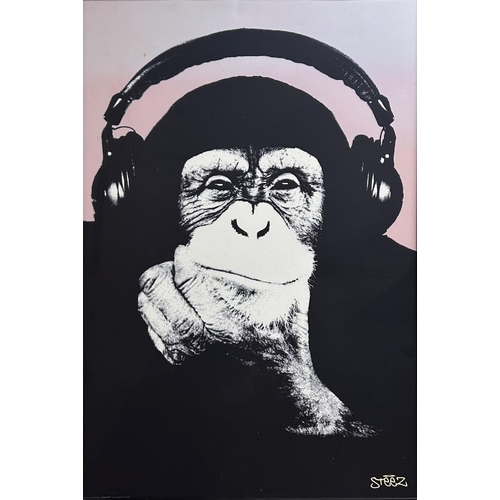 1477 - Steez - Monkey wearing headphones, print, 91 x 60cm, framed