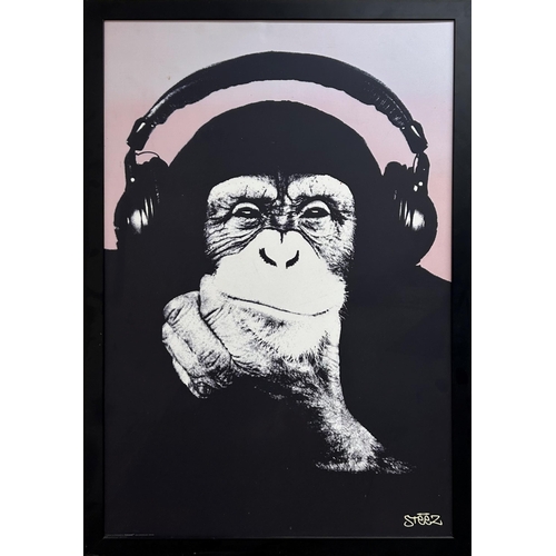 1477 - Steez - Monkey wearing headphones, print, 91 x 60cm, framed