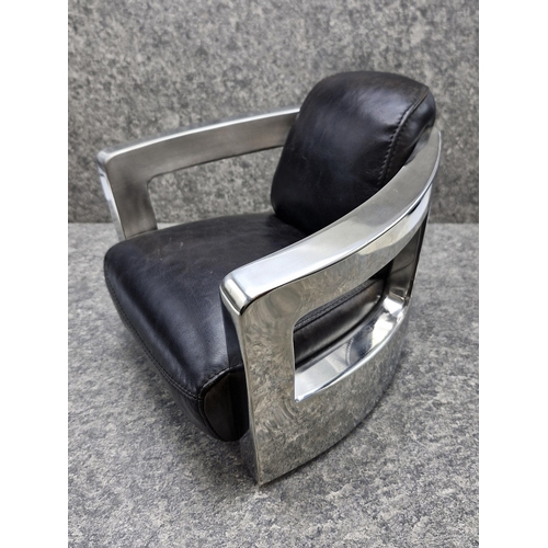 1571 - Unusual miniature Timothy Oulton halo mars mk1 chrome and leather showroom display chair, H 23cm