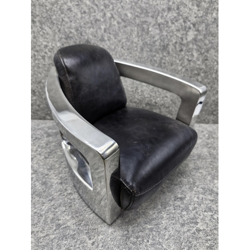 1571 - Unusual miniature Timothy Oulton halo mars mk1 chrome and leather showroom display chair, H 23cm