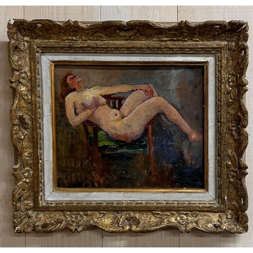 1484 - 20th century school - reclining nude, circa 1940, oil on board, 21 x 26cm, giltwood frame