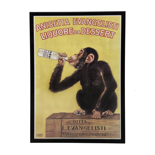 1077 - Anisetta Evangelisti Liquore Da Dessert, chimp on a crate, promotional advertising poster, 94cm x 64... 