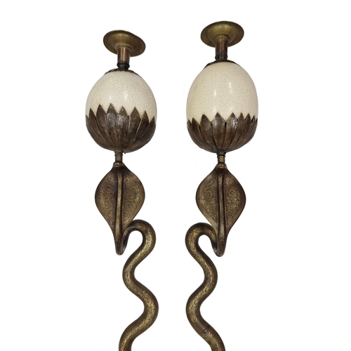 1126 - Anthony Redmile - serpent brass and ostrich egg wall sconces, attributed to, H 95cm